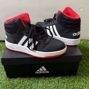 Adidas Black and Red High-Top Sneakers - Kids Size 4 Hoops Mid 2.0K